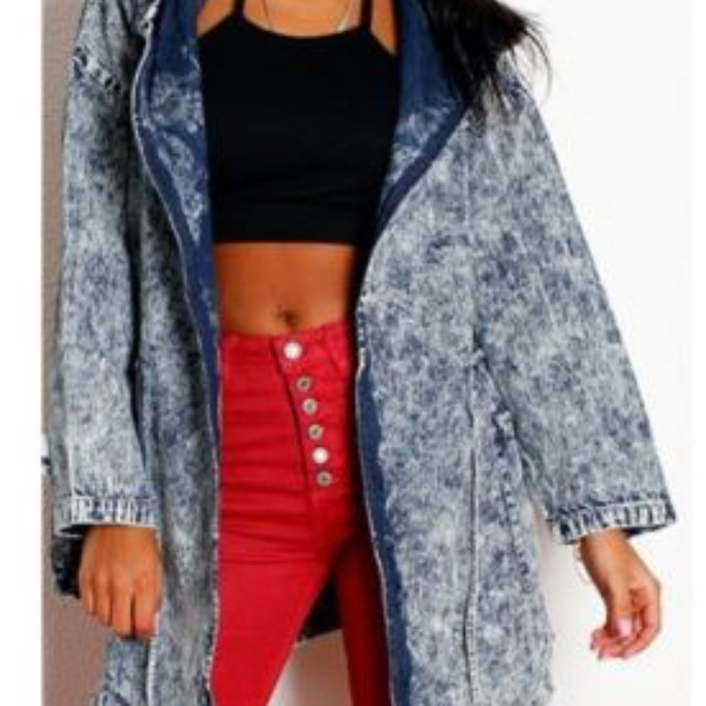 Denim Trench Coat Hooded Outerwear Jean Jacket
